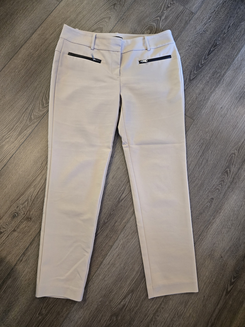 Ann Taylor Cropped Slim Ankle Pants in Light Beige with Black Zip Detail